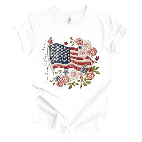 Patriot Pride Reckless Patriot Womens Graphic T-Shirt – 250th Anniversary Floral USA Land of The Free Flag Design, White, Small