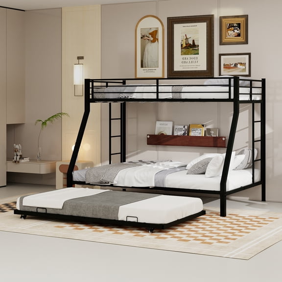 The Sanctuary Metal Triple Bunk Bed Twin-XL Over Queen with Pull-Out Twin Trundle - Heavy-Duty Steel Frame, Safety Guardrails, For Bedroom Guest Room