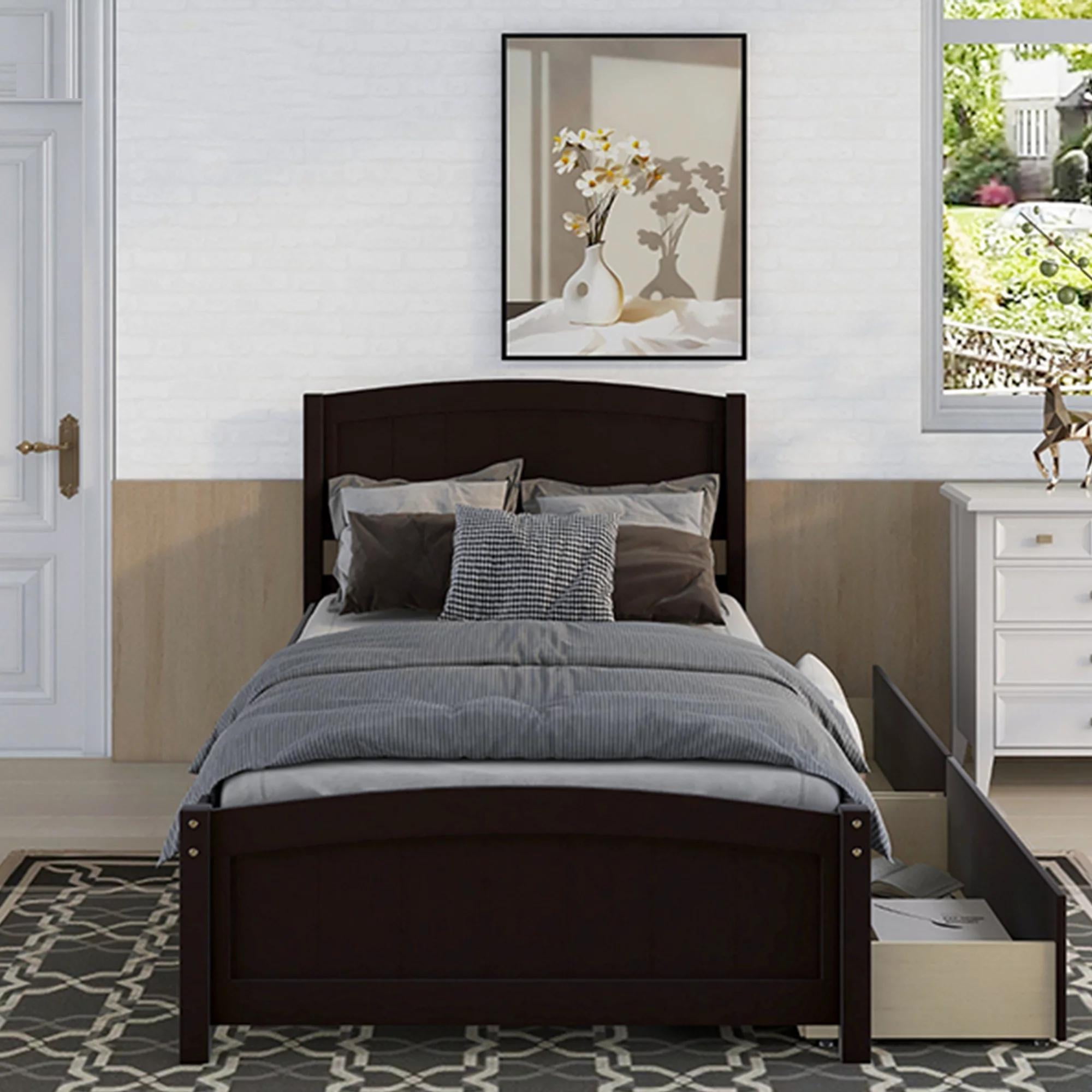 Gewnee Kids Wood Platform Bed,Twin Size Platform Bed with Headboard and Storage Drawers,Espresso