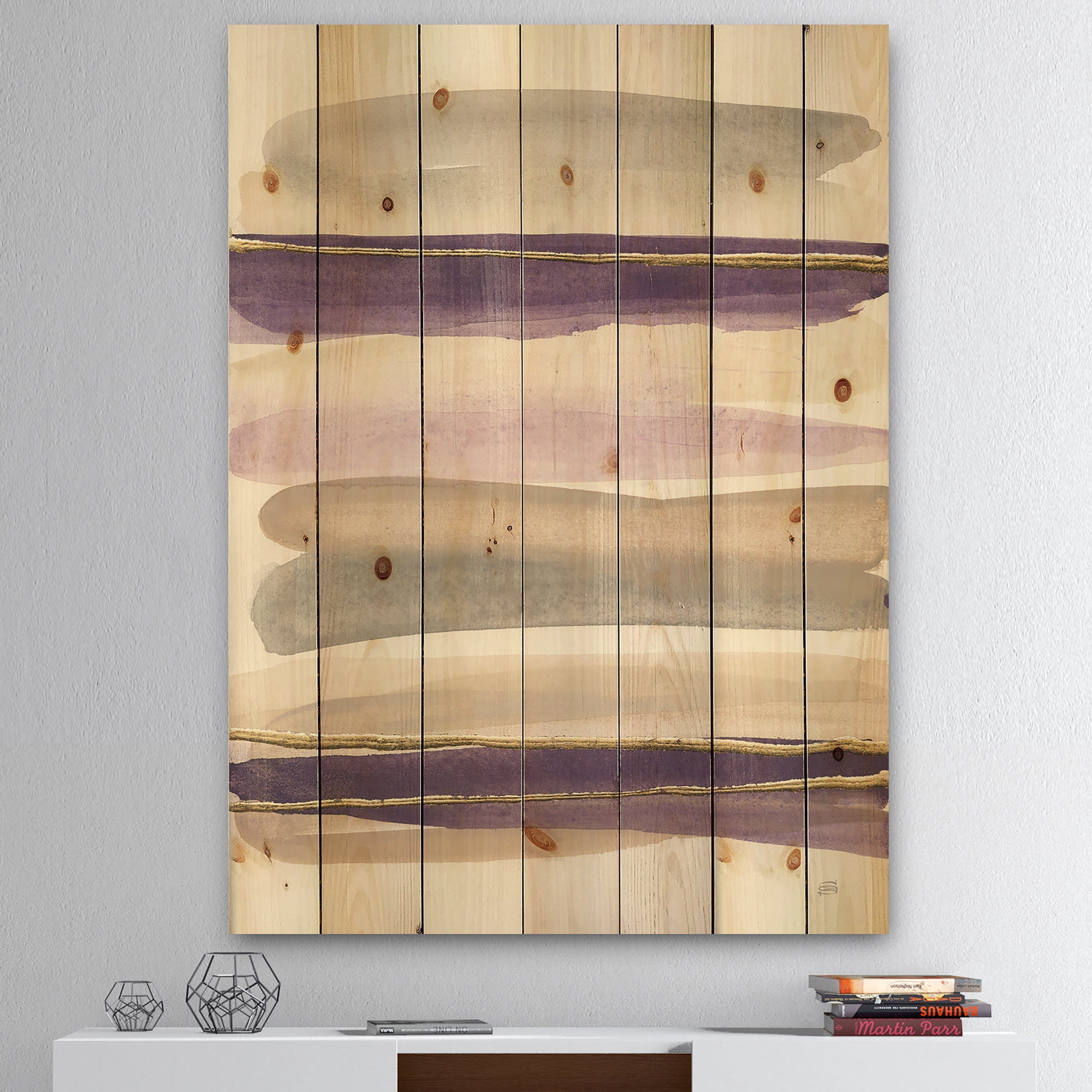 Designart 'Shape of Glam Purple' Shabby Chic Print on Natural Pine Wood