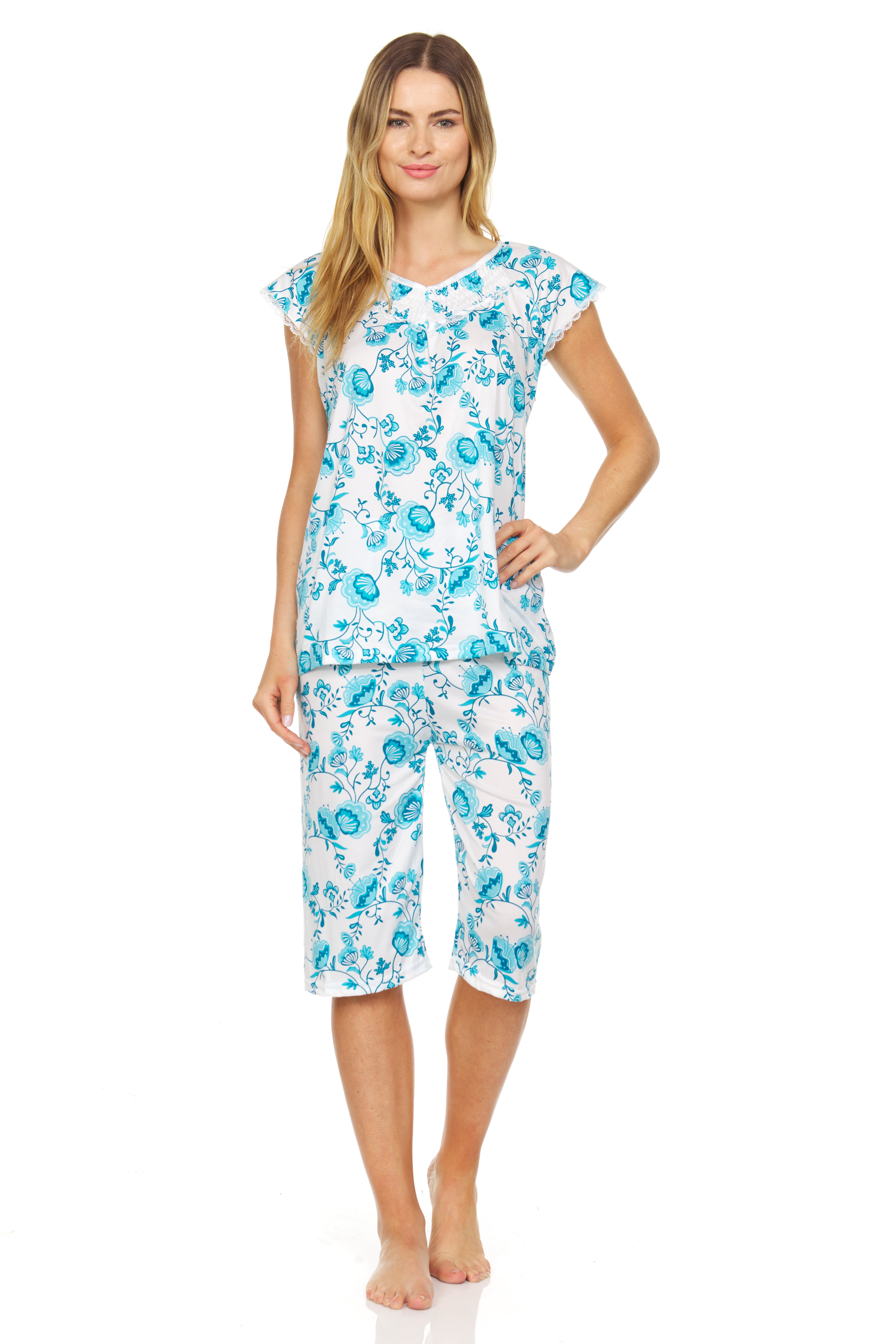 5200C Womens Capri Set Short Sleeve Sleepwear Pajamas Woman Sleep Nightshirt Green L