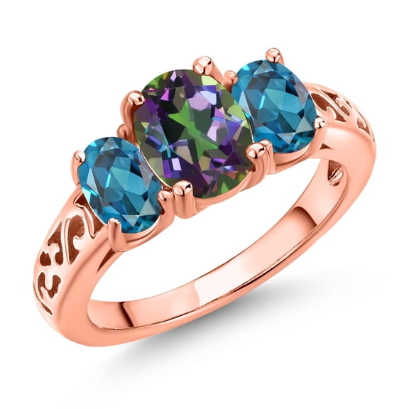 Gem Stone King 18K Rose Gold Plated Silver Green Mystic Topaz and London Blue Topaz Filigree Style 3 Stone Ring for Women (2.78 Cttw, Oval 8X6MM and 6X4MM) (Size 8)
