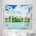 thumbnail image 1 of Tropical Tapestry, Cloudy Sky and Exotic Forest near Calm Ocean Open Window Summer Scene, Fabric Wall Hanging Decor for Bedroom Living Room Dorm, 5 Sizes, Aqua Green and Blue, by Ambesonne, 1 of 1