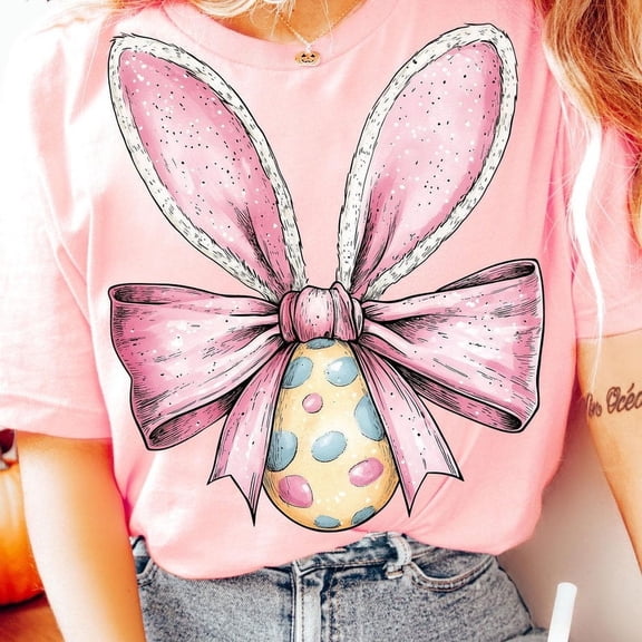 Easter Bunny Bow T-Shirt, Coquette Egg and Bunny Ears Tee, Cute Pastel Easter Day Shirt, Girly Spring Holiday Graphic T-Shirt