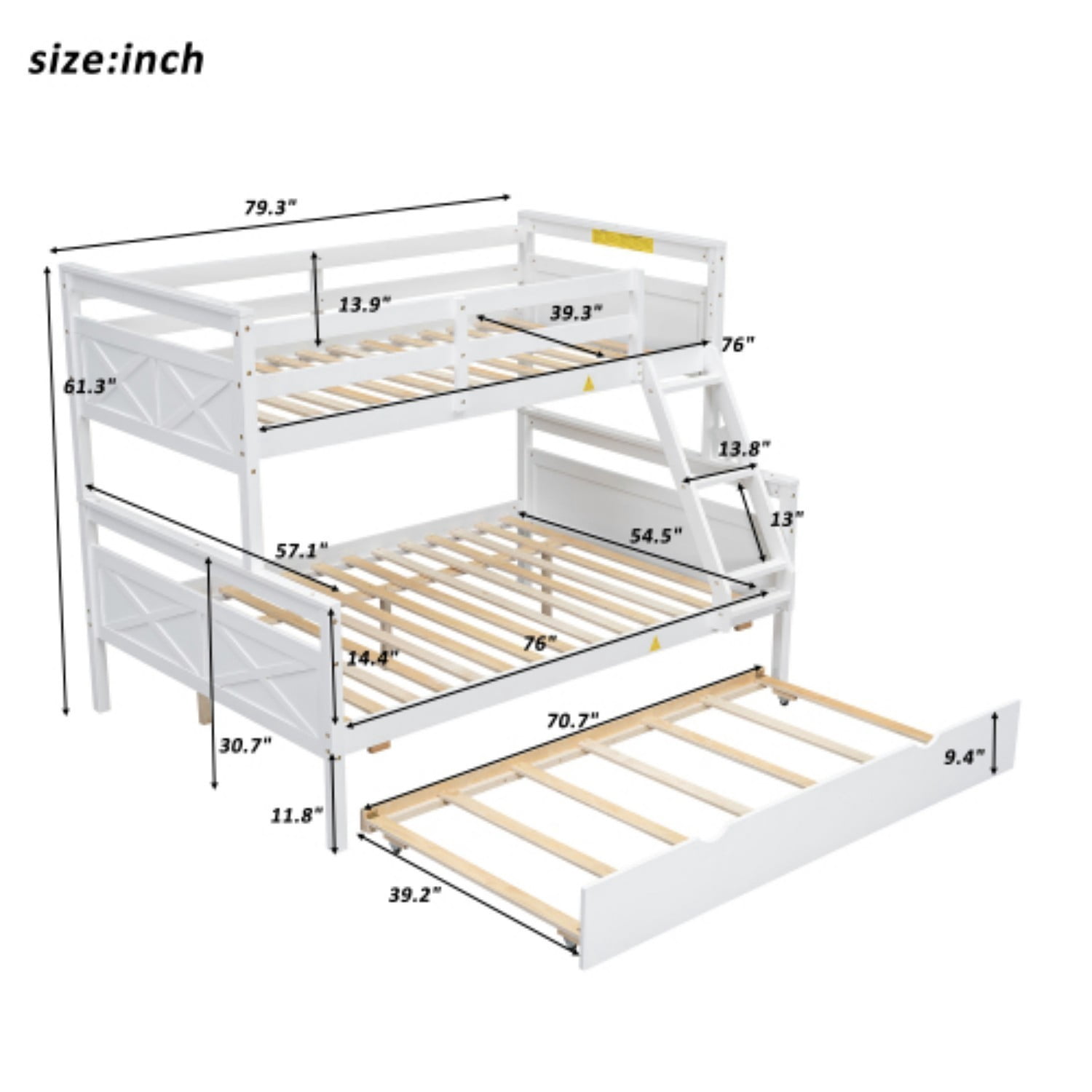 Twin Over Full Bunk Bed with Twin Trundle, Convertible Wood Bunk Bed with Ladder and Safety Guardrails, Twin Full Bed Frame for Kids Bedroom, White