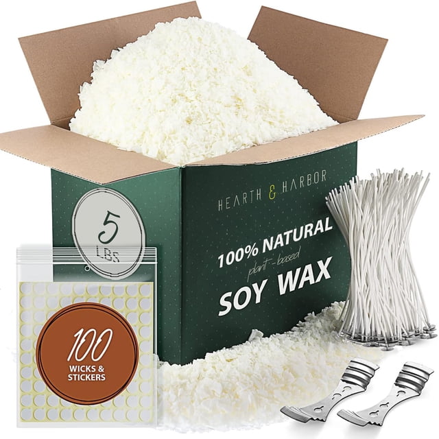 Hearth & Harbor - Cera de Soya para Velas para Hacer Velas - Natural - Bolsa de 2.26 kg, Hojuelas de Cera de Soya Premium, 100 Mechas de Algodón, 100 Pegatinas para Mechas y 2 Dispositi