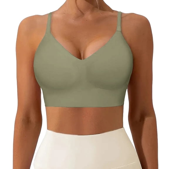 Koadzawe Women's Seamless Bralette, Wireless V Neck Longline Bra with Adjustable Straps, Lightly Padded Smooth Support for Everyday Comfort, Lounge Wear and Layering Green L