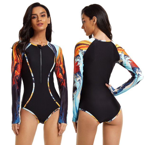Traje de surf de una pieza de manga larga con protección solar para mujer, traje de baño de aguas termales, traje de baño sexy, Oni Flower 7777