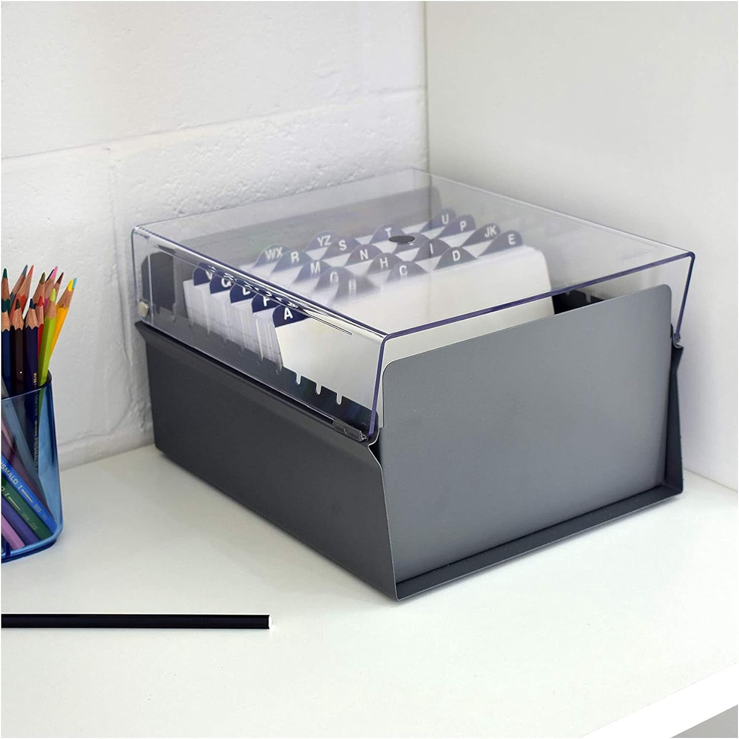 Acrimet 5 X 8 Card File Holder Organizer Box Metal Base Heavy Duty (AZ Index Cards and Divider Included) (Gray Color with Clear Crystal Plastic Lid Cover)