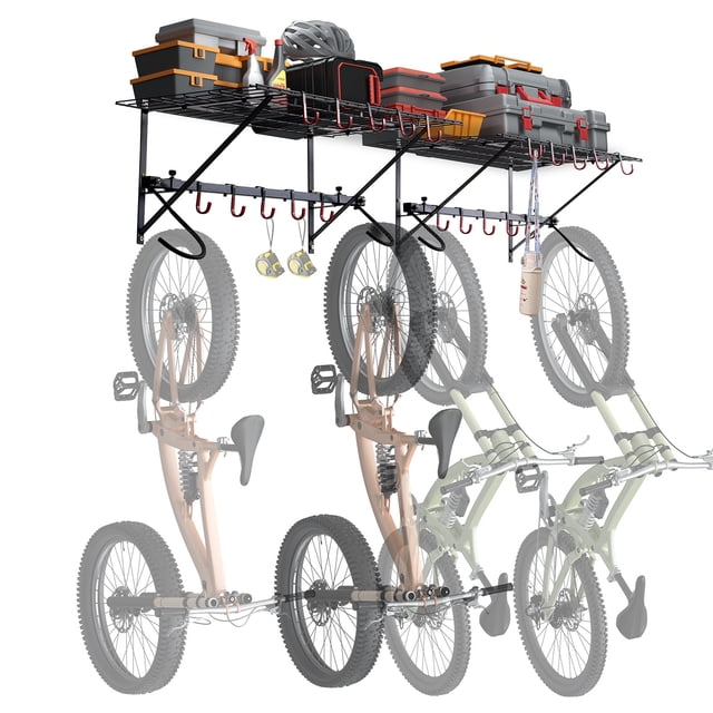 GETHFSA Wall Mount Bike Storage Rack with 2 Shelves, Heavy Duty Garage Bike Holder for 4 Bicycles, Adjustable Hooks, Steel Bike Wall Rack, 500 lbs Capacity