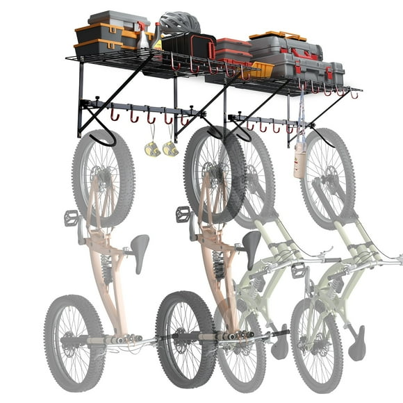 GETHFSA Wall Mount Bike Storage Rack with 2 Shelves, Heavy Duty Garage Bike Holder for 4 Bicycles, Adjustable Hooks, Steel Bike Wall Rack, 500 lbs Capacity