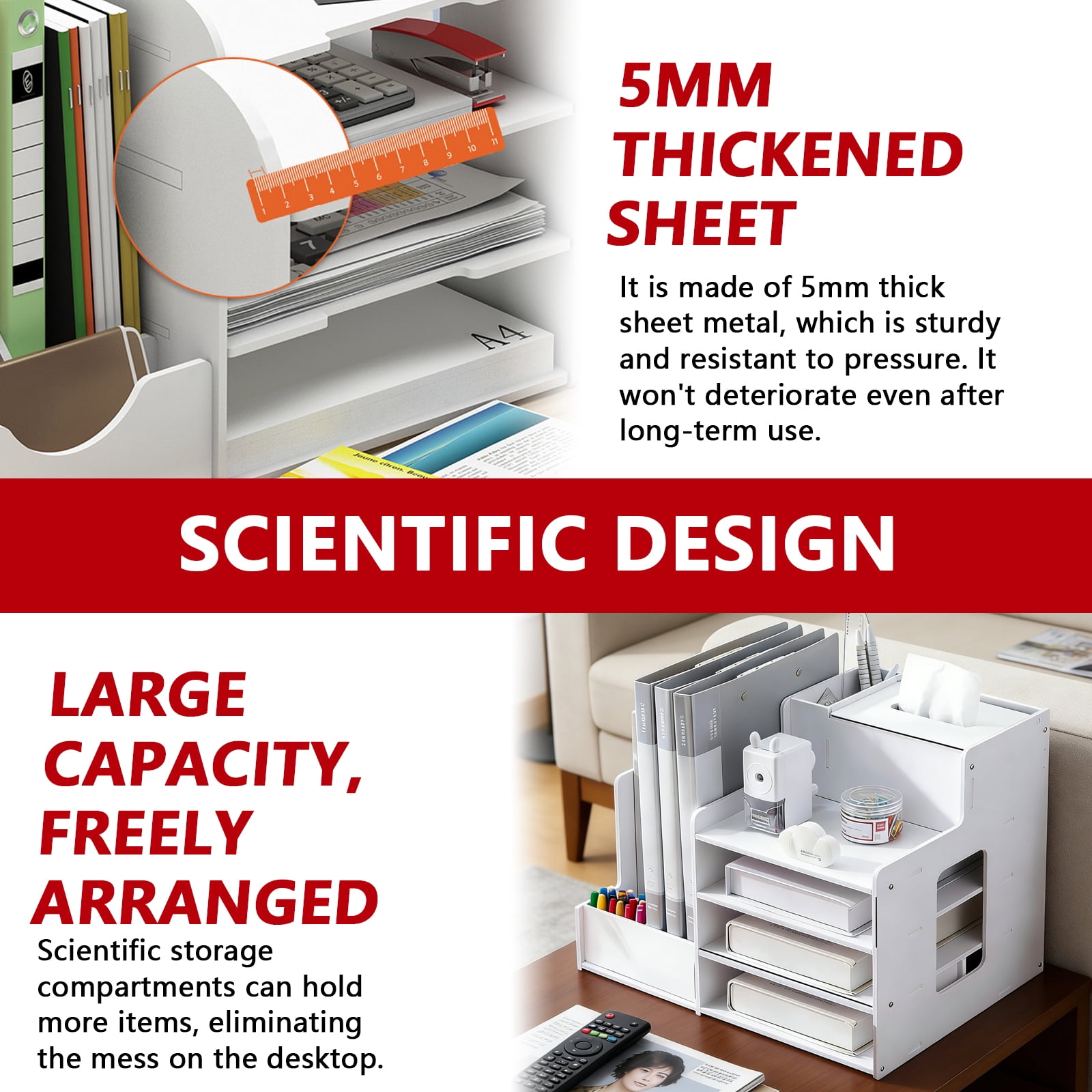 Arcticwind File Shelf,Storage Rack,Office Desktop Organizer, Multi-layer Folder Storage Box,Desktop Organization Gadget,Office Supplies Storage Rack,White, File Shelf with Tissue Box & Pen Holder
