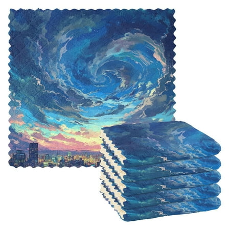 

6 Pieces Thickened Double Polyester Fleece Kitchen Towel - 28x28cm Strongly Absorb Water & Oil Stain Removal，Blue Clouds