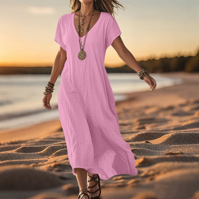 WILLBEST Vestido De Verano Para Mujer, Vestido Informal Holgado De Lino Con Cuello En V Y Manga Corta, Vestido De Día Cómodo De Color Sólido