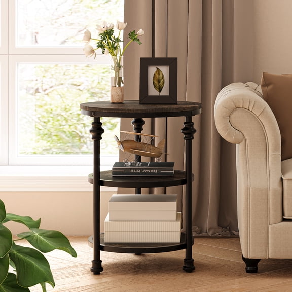 Zzistar 3-Tier Round Side Table,End Table Living Room Accent Table with Storage Shelf and Metal Industrial Side Table/Night Stand for Bedroom, Small Spaces