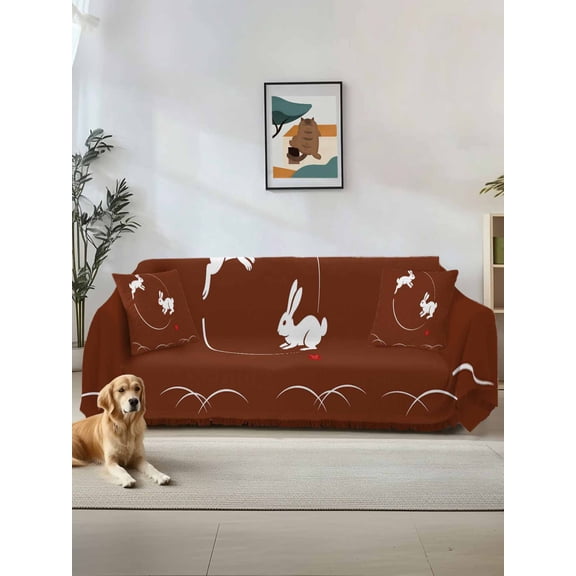 Brown Modern Sofa Covers for 2-3 Cushion Couch L-Shaped Sectional, Farmhouse Rabbit Abstract Art Washable Sofa Covers Slipcover for Living Room Furniture, Couch Cover Blanket 71"x134"