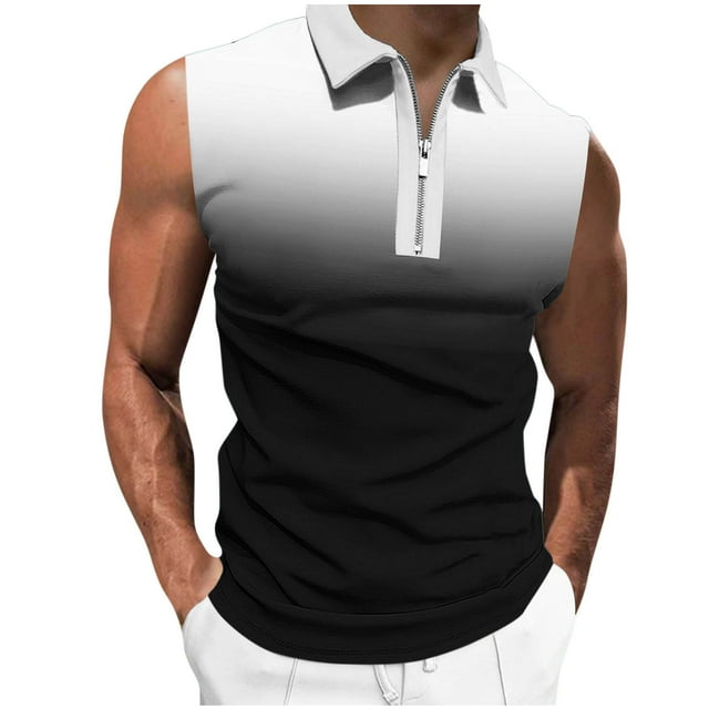 Plebaso Tank Tops for Men Casual Quarter Zip Collared Tee Shirts Sleeveless Gradient Color Fashion Shirts