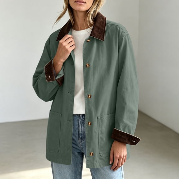WIZUTIZ Women's Solid Color Long Sleeve Corduroy Shirt Jacket With Collar And Patch Pockets Casual Vintage Tunic Outerwear
