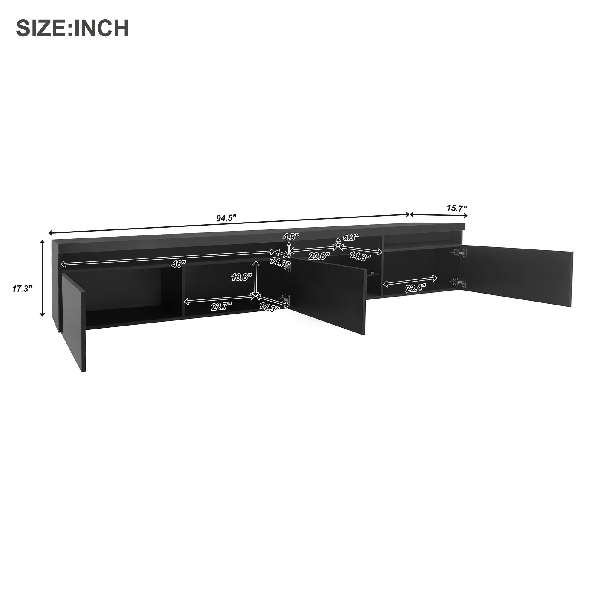 EUROCO 94.5" Longer TV Stand for TVs Up to 100", Versatile Entertainment Center Media Console Table with LED Color Changing Lights 2 Glass Shelves,with Ample Storage Space, Black