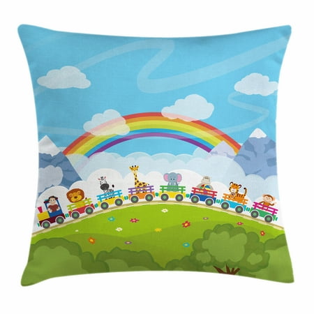 Train Mountain Railroad - Nursery Throw Pillow Cushion Cover, Cartoon Railway Train with Various Animals and a Rainbow Mountains Clouds Trees, Decorative Square Accent Pillow Case, 16 X 16 Inches, Multicolor, by Ambesonne