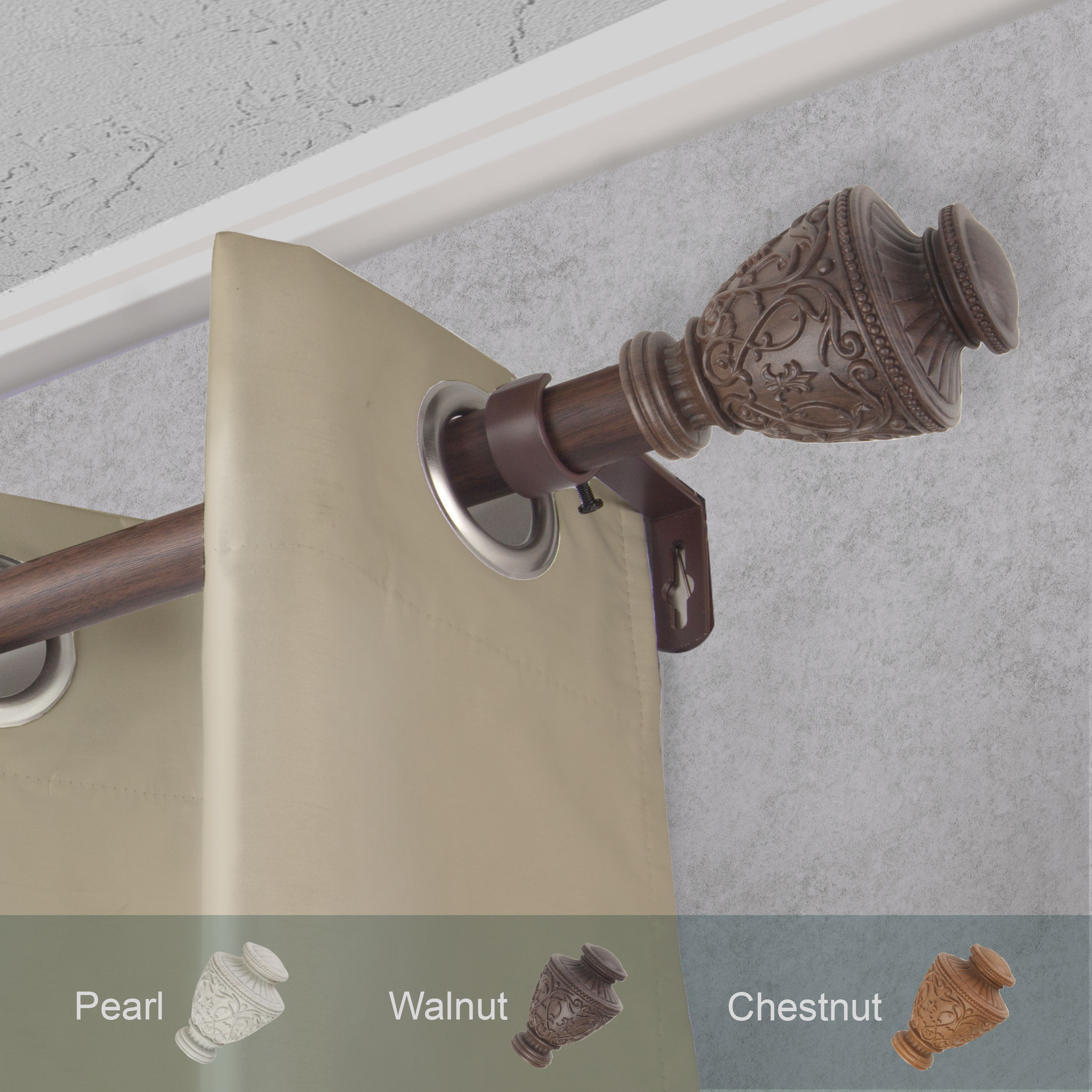 1" Dia Faux Wood Curtain Rod 66-120 inch with Rian Finials - Dark Walnut