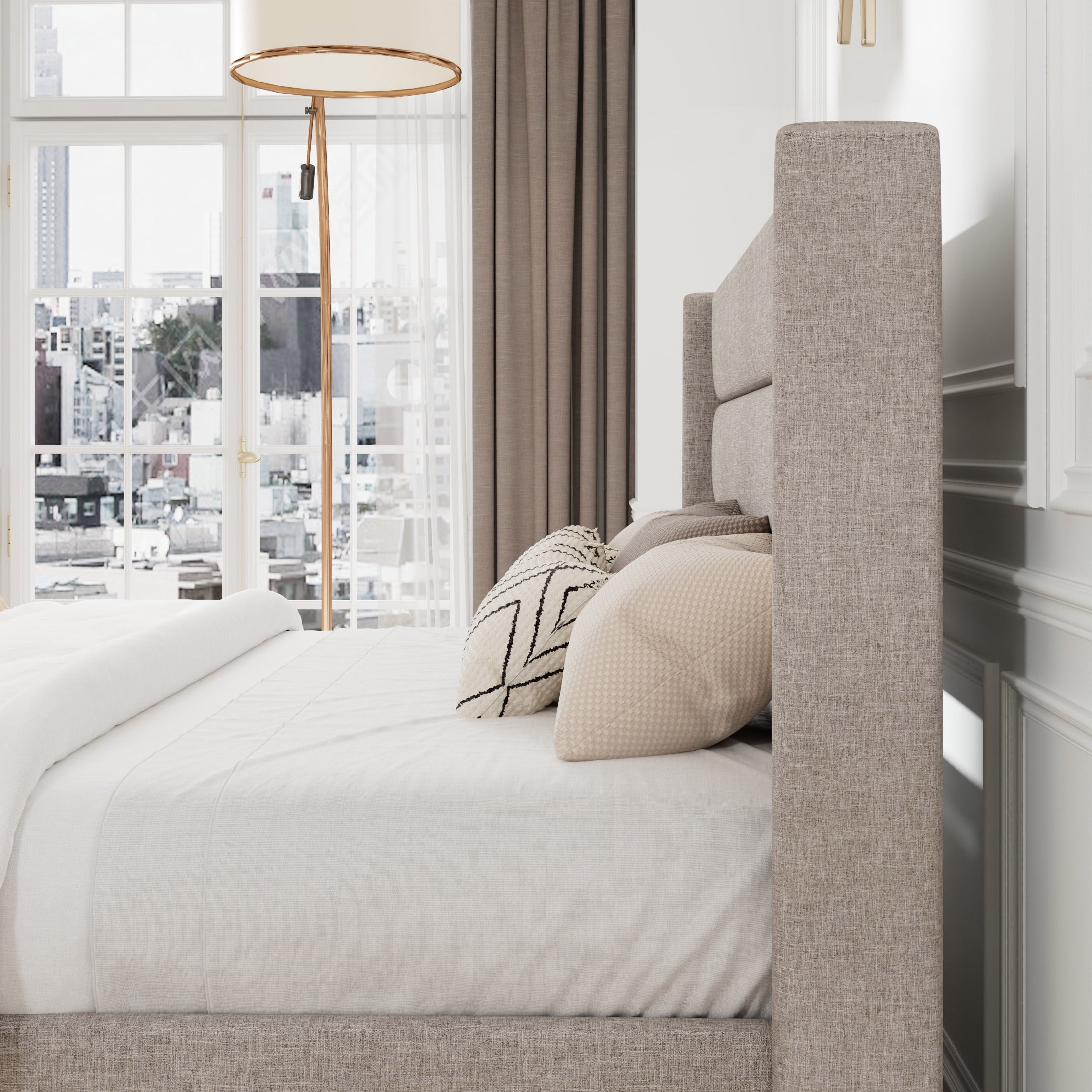 Allewie King Size Lift Up Platform Storage Bed Frame with Channel Wingback Headboard, Light Beige