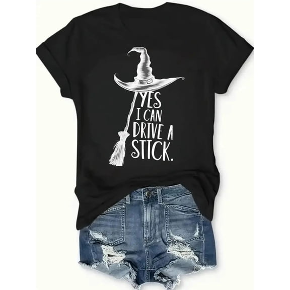 Women Yes I Can Drive a Stick Witch Graphic T-Shirt