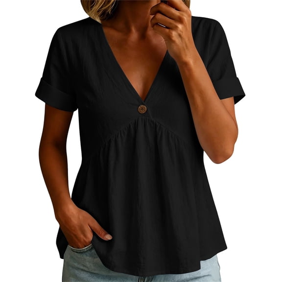 Turilly Womens V-Neck Short Sleeve Tops with Decorative Button Casual Solid Color T-Shirt