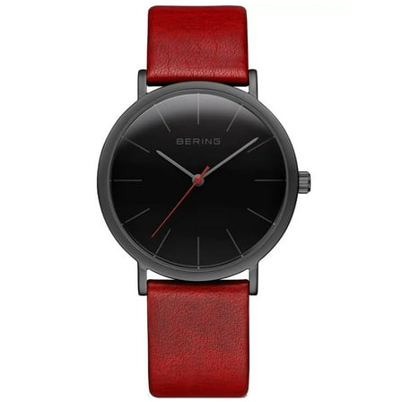 Bering Time Classic Collection Mat Black Stainless Steel Case with Red Leather Strap Women's Watch. 13436-622