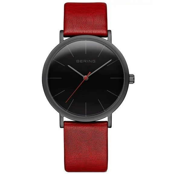 Bering Time Classic Collection Mat Black Stainless Steel Case with Red Leather Strap Women's Watch. 13436-622