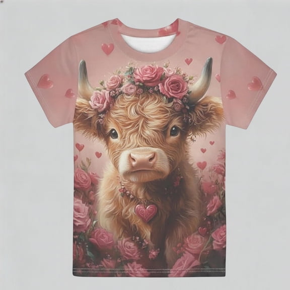 Toddler Girls T-Shirt Summer Cartoon Highland Cow Printed Short Sleeve Tshirt Trendy Cotton Tee Tops