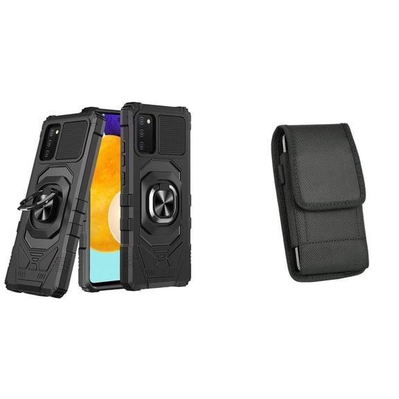 Case with Belt Holster Bundle for Samsung Galaxy A03s: Heavy Duty Series Protection Cover (Black) and Vertical Nylon Phone Pouch
