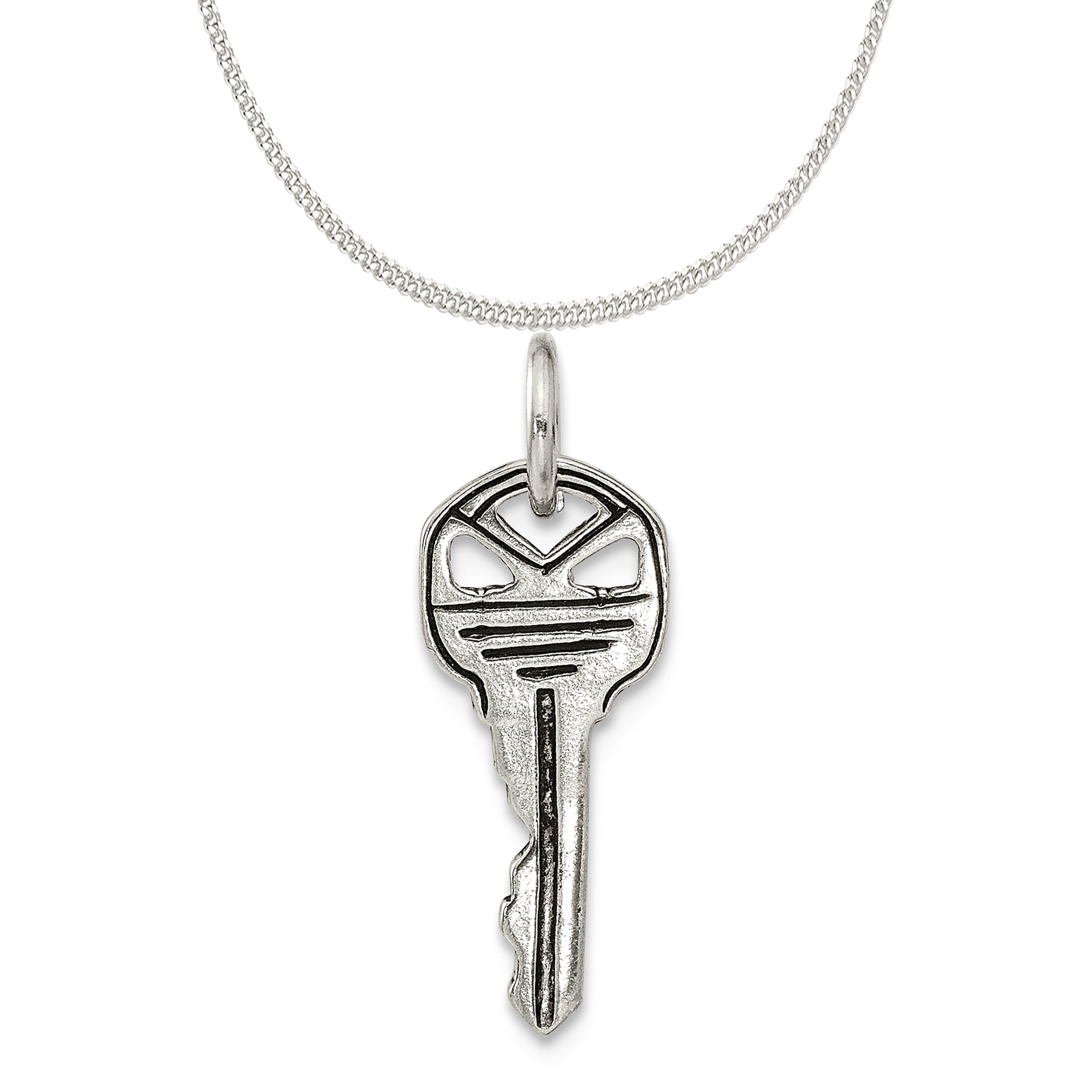 16 in-20 in Sterling Silver Antiqued Key Charm on a Sterling Silver Chain Necklace