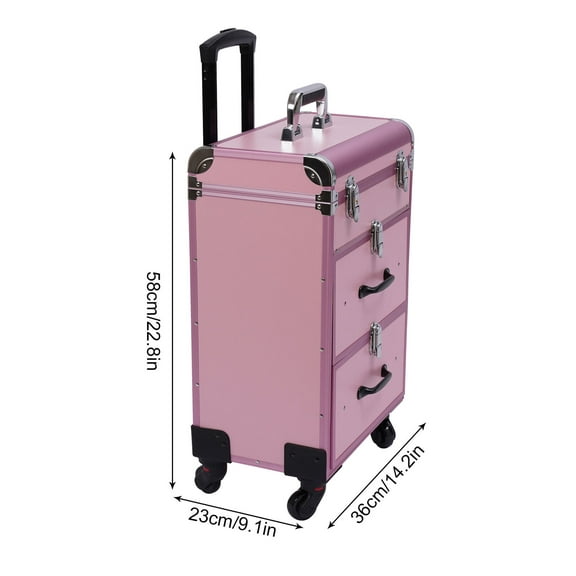 3 Layers Rolling Makeup Case, Large Cosmetic Trolley with Locks, Dividers, Cosmetics Storage Organizer 14.2*9.1*22.8in for Makeup / Nail Art / Hair Styling, Pink