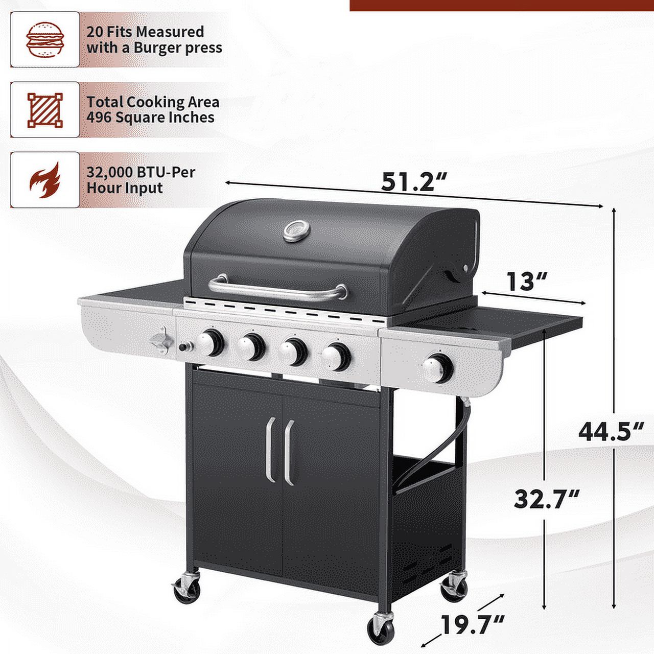 Hommow 4 Burner BBQ Propane Gas Grill,36000 BTU Stainless Steel with Stove and Side Table