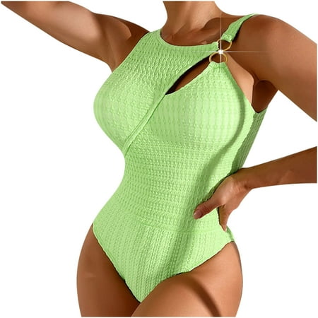 TrendVibe365 Full Coverage Swimsuits for Women Green One Piece Bathing Suits Thong Solid Swimwear Beachwear M