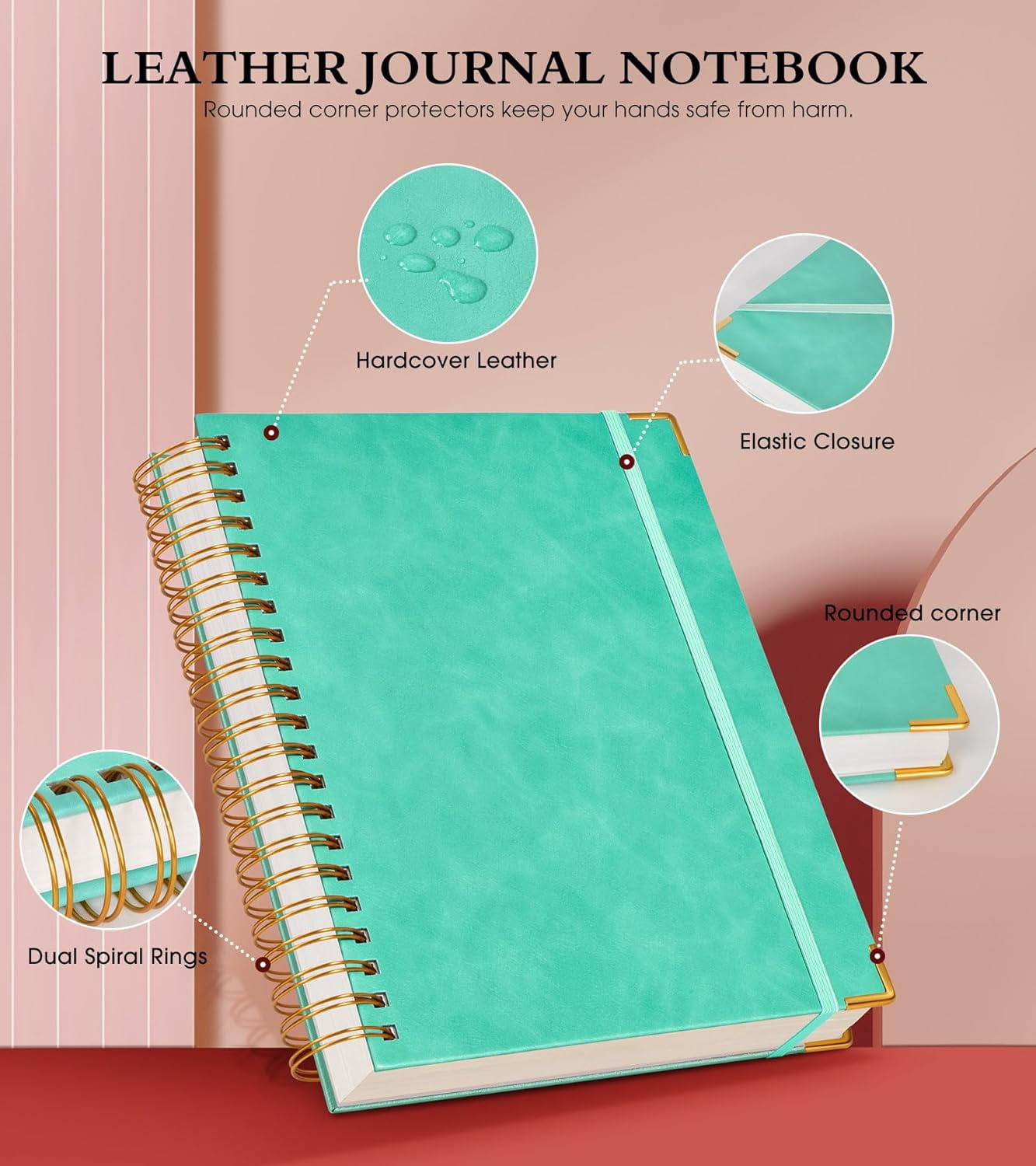 5.75"×8.38" A5 Leather Hardcover Spiral Notebook, 300 Pages, 100GSM College Ruled Journal for School Work, Teal