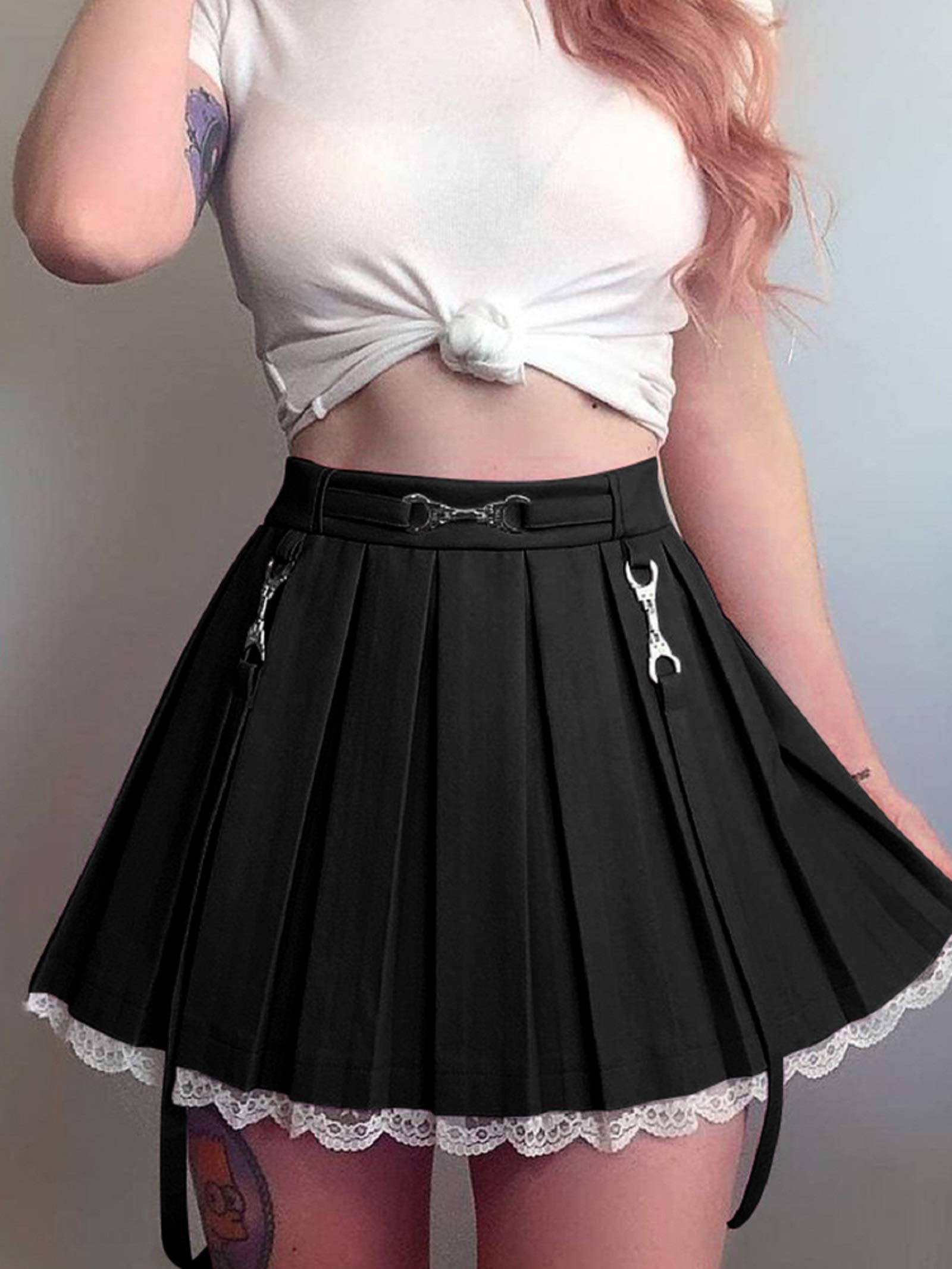 Women Girl Gothic Skirt High Waist Lace Pleated Skirt Suspender Mini Skirt  Y2K A-Line Flared Short Skirt Harajuku Skirt 