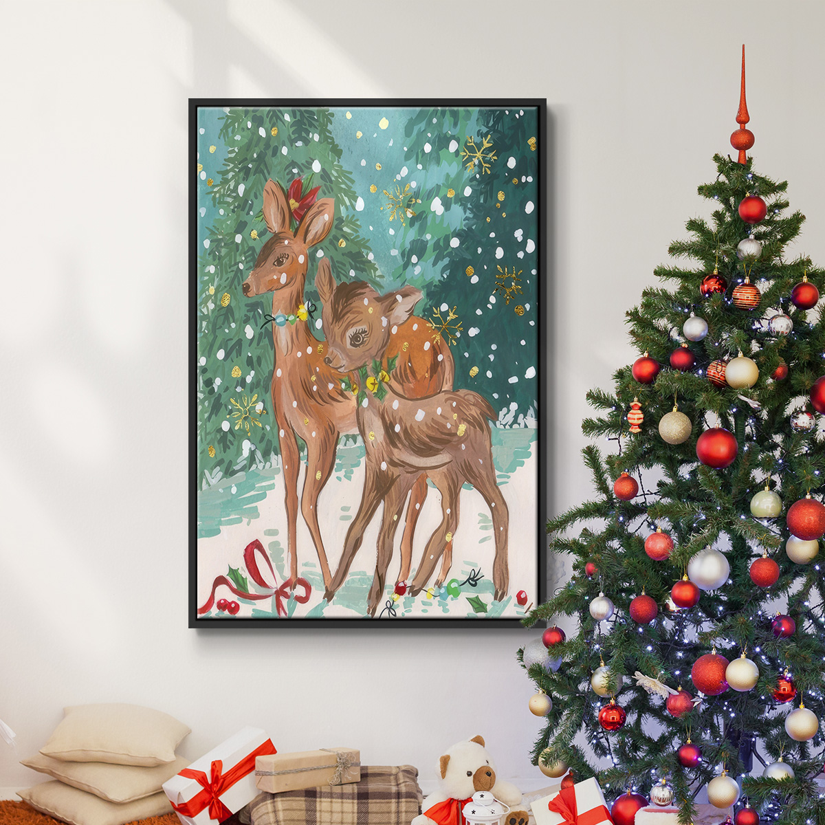 Doe and Fawn I - Framed Gallery Wrapped Holiday Canvas - 25 x 37 - Black Frame