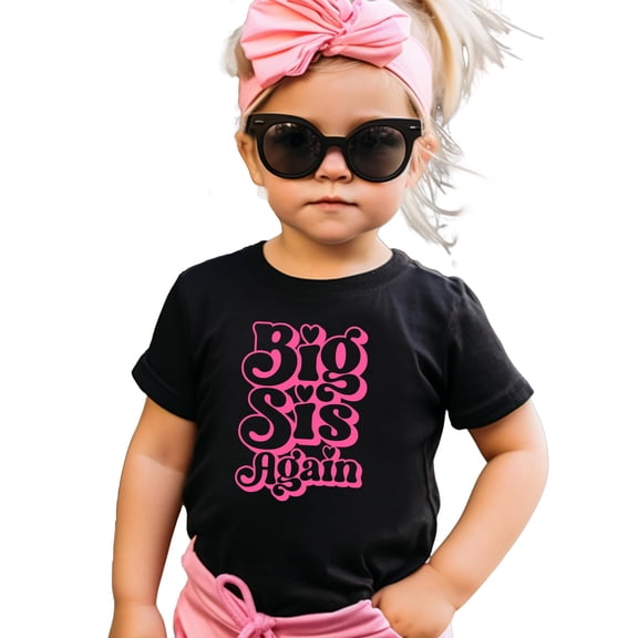 Big Sis Again Shirt for Siblings Groovy Pink Graphic Big Sister Tee Black Shirt Youth Medium