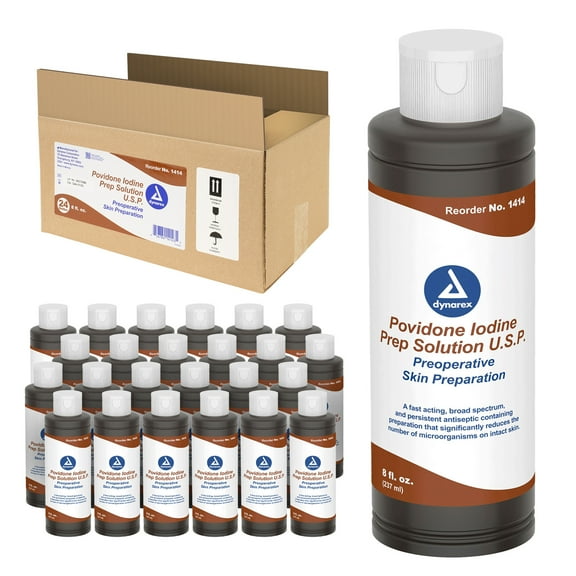 Dynarex Povidone-Iodine Prep Solution, Antiseptic Solution for Skin and Mucosa, Ideal for Surgical Site Preparation, Contains Povidone Iodine 10%,1 Case of 24 8 fl. oz. Povidone-Iodine Bottles