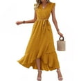 thumbnail image 2 of BiZtdJrK Maxi Dress for Women Warp V Neck Cap Sleeve Casual Summer Dresses Polka Dot Ruffle Slit Boho Dress Flowy Wedding Guest Dresses Yellow L, 2 of 7
