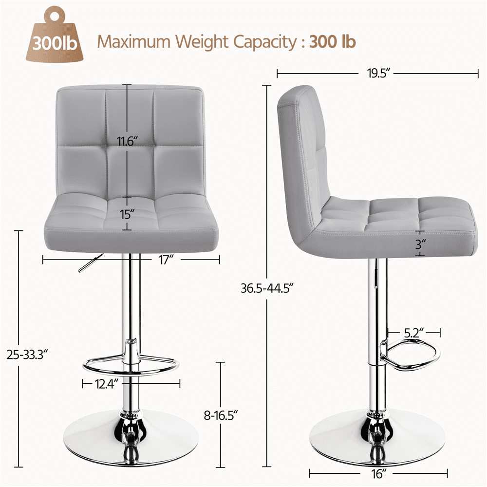 Alden Design Adjustable Bar Stool Faux Leather Counter Height Mid-Back Bar Chair Set of 2, Light Gray