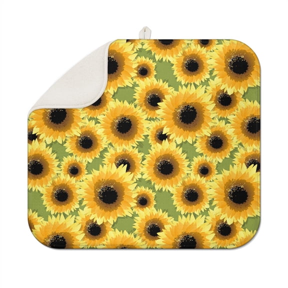 Bright Floral Dish Drying Pad with Sunflowers Microfiber Kitchen Mat Absorbent Foldable Rack Drainer 16x18 Inch
