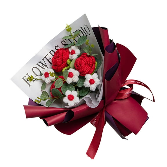 Crochet Rose Flowers Bouquets for Christmas, Mother Day,Artificial Flower Crochet Flowers with String Light and Gift Bag