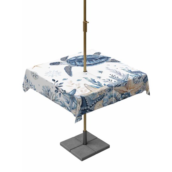 Outdoor Tablecloth with Umbrella Hole for Patio/Picnic/Party/Camping, Blue Turtle Coastal Waterproof Table Cloth Square Cover Washable, Beach Starfish Nautical Coral Shell (60"x 60")