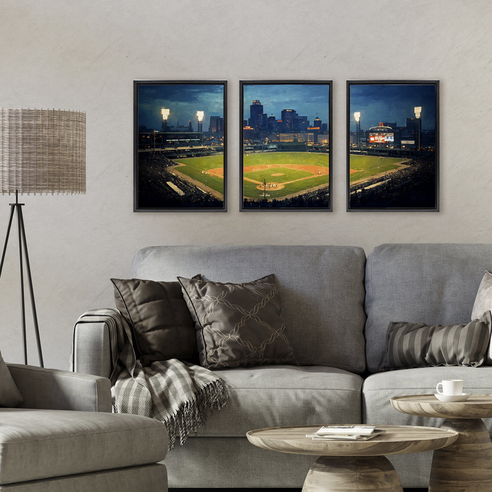 Stupell Industries Baseball Stadium Night View 3 Piece Black Framed Floater Canvas Set, design by Arlington Prints