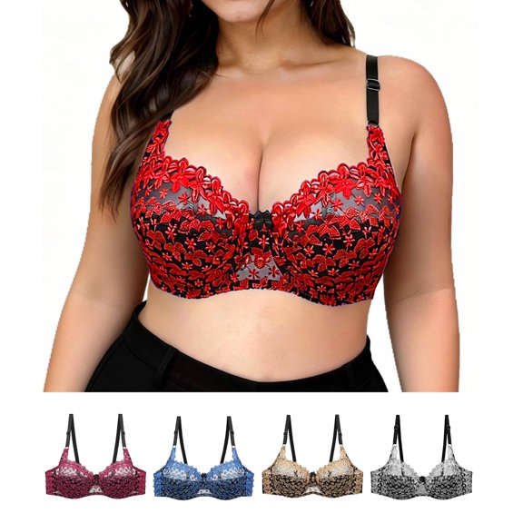 Loopsun Women Plus Size Underwire Bra Lace Embroidered Push Up Full Cup Breathable Daily Wear