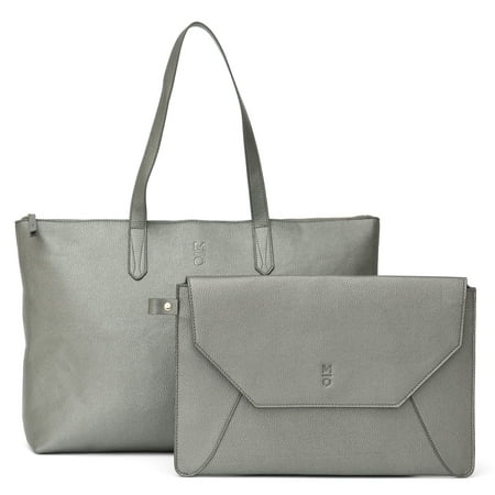 MOTILE Vegan Leather Commuter Laptop Tote with 10,000 mAh Qi Certified Wireless Powerbank, Pewter