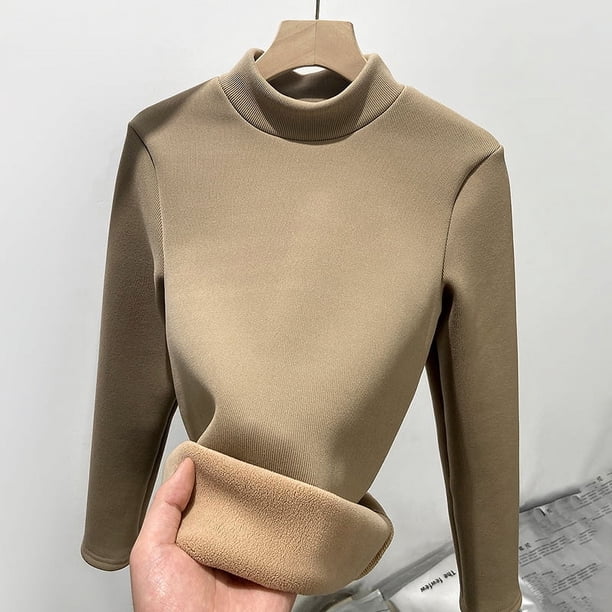 Camisa de punto entallada con cuello alto y mitad interior, forro polar, cálida, para mujer